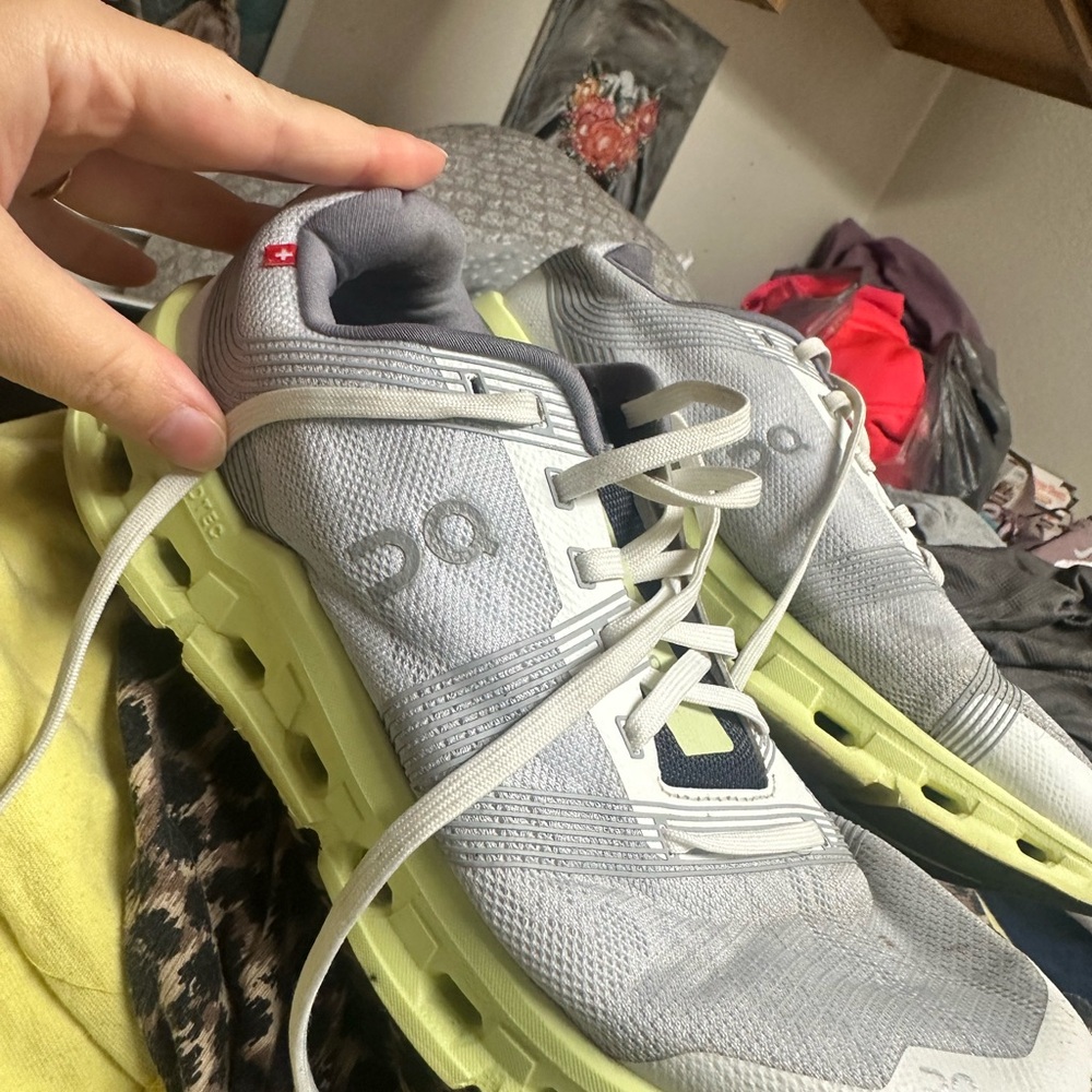 On Running Women's Light Gray and Lime Athletic Shoes